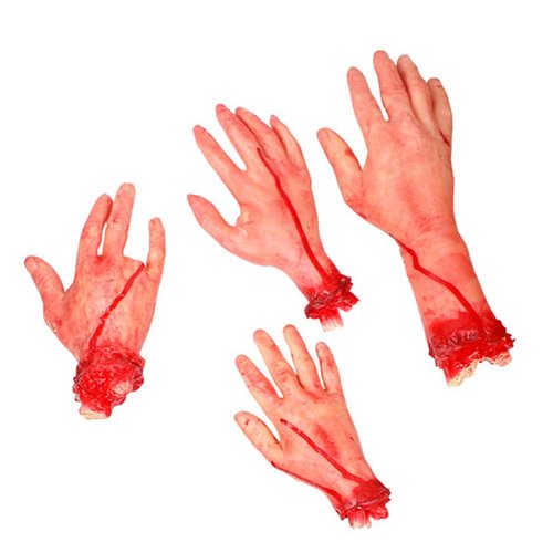 SEWACC Fake Human Arm Hands 4pcs Halloween Severed Hands Set Fake Human Dead Body Parts Scary Broken Hand Prank Props for Haunted House Halloween Decorations