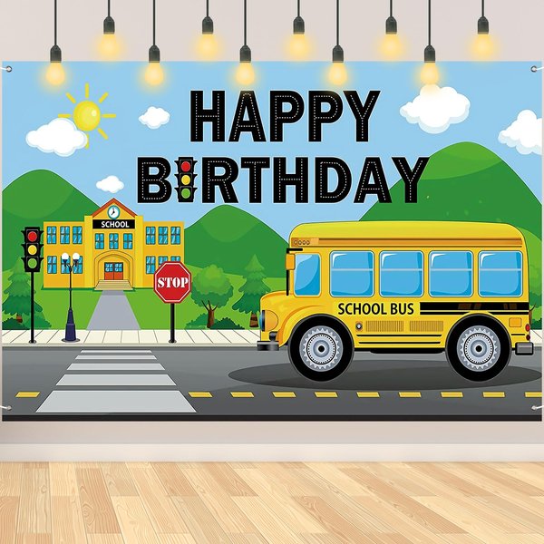 LLMSIX Wheels on The Bus Birthday Decorations School Bus Birthday Party Decorations Yellow School Bus Birthday Party Decoration Backdrop Banner for Boys Girls Birthday Favor Car Bus Train Theme Party
