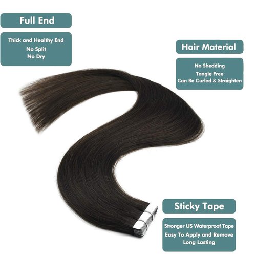 GEELOOK Tape in Hair Extensions Human Hair 14 inch Skin Weft Tape in Straight Thick Natural Hair Extensions with 12 Pieces Replacement Tape 20pcs 50g Darkest Brown #2