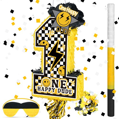 Ferraycle Number 1 Piñata for 1st Birthday Party Decorations One Happy Dude Piñata Birthday Party Supplies for Boys Piñata with Blindfold Piñata Stick Confetti