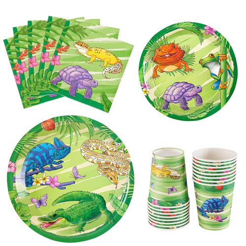 WERNNSAI Reptile Party Tableware Set - 64 PCS Reptile Birthday Party Supplies for Kids Boys Snake Turtle Alligator Dinnerware for Jungle Animal Party Paper Plates Napkins Cups Serves 16 Guests