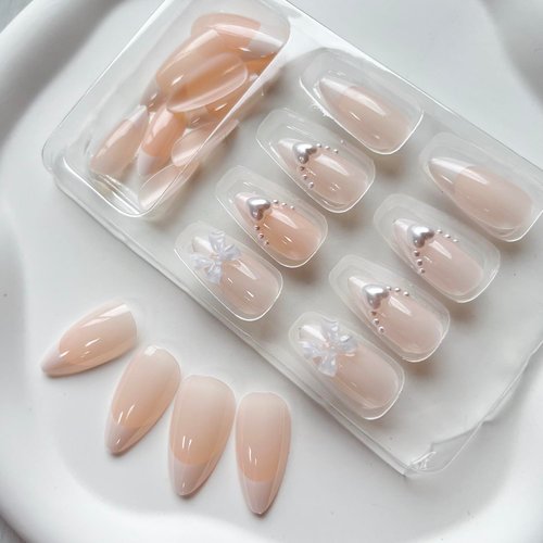 24Pcs Almond Press on Nails French Tip Glue on Nails 3D Bow Pearl Heart Design Medium Length Fake Nails White Nail Tips Glossy Acrylic Press on Nails Cute Stick on Nails for Women Manicure DIY