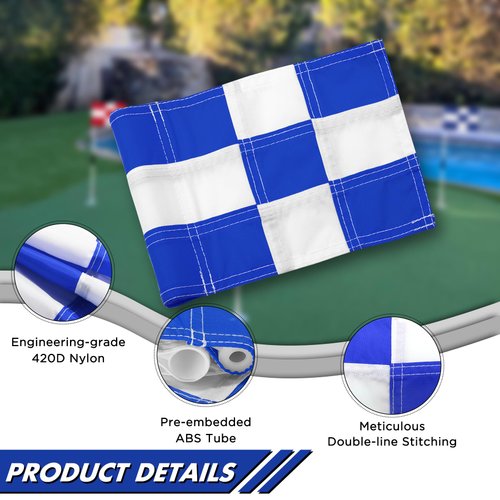 KINGTOP Checkered Golf Flag 8x6 Inch – Blue/White Check, 420D Nylon, Tube Inserted – Mini Practice Putting Green Flags for Yard, 3-Pack