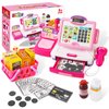 Pretend Play Calculator Cash Register Toy Gift for Kids Girls Age 3, 4, 5, 6, 7, 8+ Year Old, 57 Pcs Pink Grocery Store Playset, Incl Microphone, Credit Card, Scanner, Fake Food, Play Money for Kids
