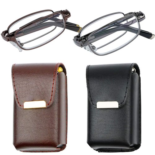 Success Eyewear Reading Glasses Set of 2 Fashion Folding Readers with Leather Cases Brown and Gunmetal Glasses for Reading for Men and Women +3.5
