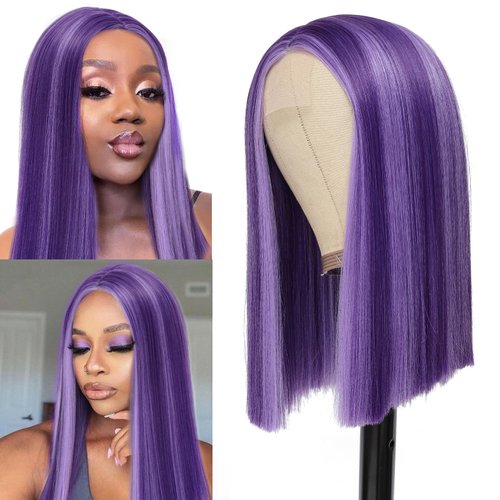 Alileona Bob Wigs for Women Purple Peekaboo Wig Synthetic Hair Straight Bob Wig Shoulder Length Highlights Wig Blunt Cut Bob Lace Front Wig Short Bob Wigs for Daily Party Use