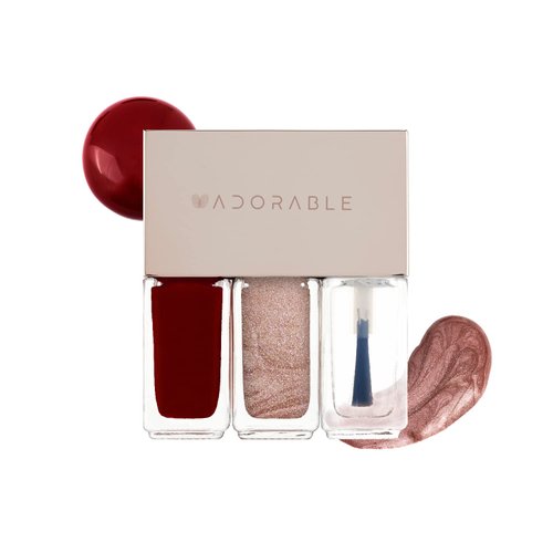 Pluchke Water-base Vegan Nail Polish 3pcs in set (2 Colors + Clear Top Coat), Eco-friendly Halal-friendly Non-toxic Breathable Burgundy and Metallic Rosegold color (No 29 Yeonji-Gonji, 0.51 fl oz)