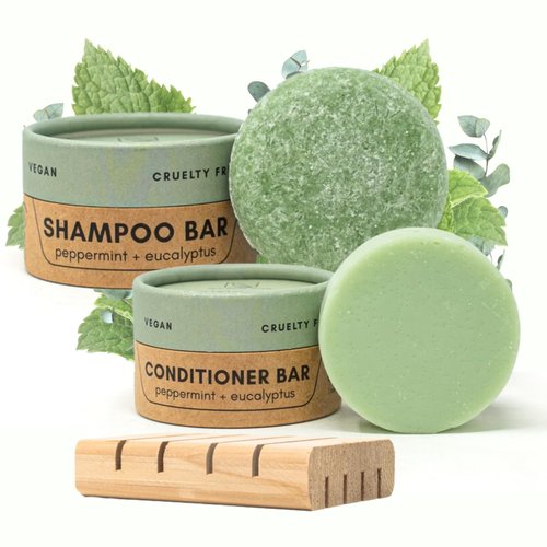 Zero Waste MVMT Shampoo & Conditioner Bar Set | Peppermint + Eucalyptus | With Travel Container and Cedar Tray | Natural Salon Quality Shampoo, Zero Waste & Plastic Free
