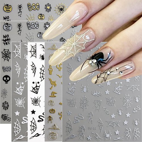 9 Sheets Spider Web for Nails Stickers, 3D Holographic Halloween Skull Pumpkin Nail Decals for Nail Art Golden Silver Black Cartoon Design Holiday Nail Art Stickers for Women para Uñas…