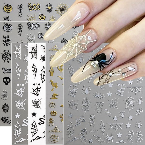 9 Sheets Spider Web for Nails Stickers, 3D Holographic Halloween Skull Pumpkin Nail Decals for Nail Art Golden Silver Black Cartoon Design Holiday Nail Art Stickers for Women para Uñas…