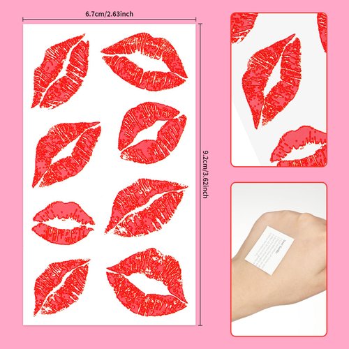 10 Sheets/80pcs Red Fake Lips Temporary Tattoo Stickers,Waterproof Stickers,Red Kiss Temporary Tattoo Stickers,Lip Stickers Sexy Tattoos Sticker for Adult Women Girls Valentines Day Theme Decorations.