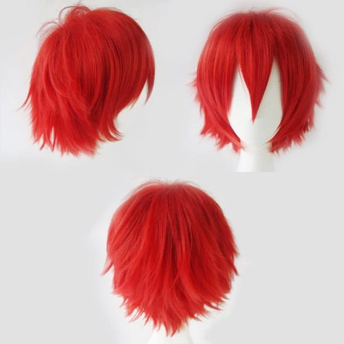 Cybelleza Anime Cosplay Wig Short Red Wigs for Women/Men Synthetic Curly Straight Fancy Dress Wig Layered Fluffy Halloween Costume Party Wig with Free Cap