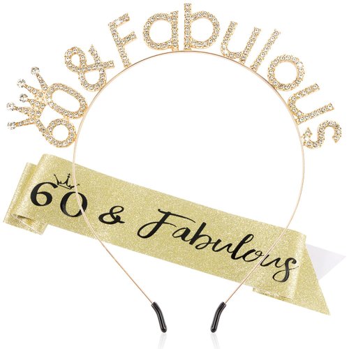Atoden 60th Decorations Gold Tiara 60 and Fabulous Headband Sash 60th Gifts for Women