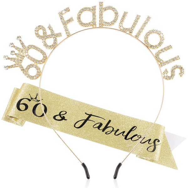 Atoden 60th Decorations Gold Tiara 60 and Fabulous Headband Sash 60th Gifts for Women