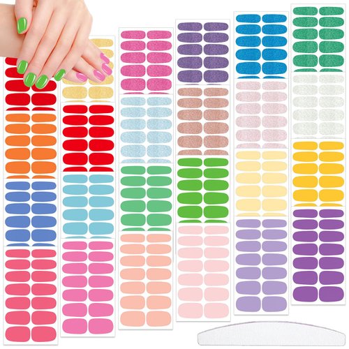 JERCLITY 336 Pieces 24 Sheets Vibrant Solid Color Nail Polish Strips Colorful Nail Wraps for Short Nails with Nail File Self-Adhesive Gel Nail Strips Stick On Nail Stickers Full Nail Wraps for Women