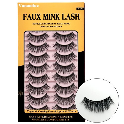 VANAODUC Eyelashes 3D Mink Fake Lashes Round Wispy Long 9-14MM False Eyelash Strips 10 Pairs Eye Lashes Pack, False Eyelashes Lightweight & Comfortable, Reusable, Cruelty-Free