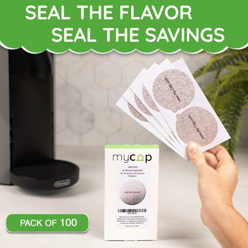 My-Cap 100 Foil Seals for Nespresso Vertuo Pods - Foil Lids to Reuse Nespresso VertuoLine Capsules - Aluminum Lids Seals Foil - Reuse your Nespresso Coffee Capsules (Pack of 100)