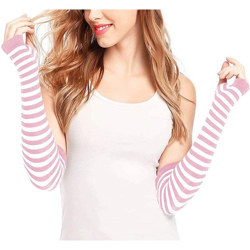 CENAST Women Long Fingerless Gloves Knitted Arm Warmers Thumbhole Stretchy Gloves Pink White