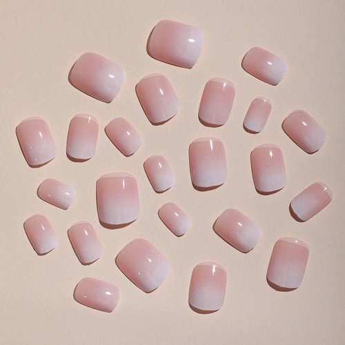 ANDGING Press on Nails Short Square Nude Ombre White Fake Nails with Glossy Design Glue on Nails for Women Acrylic False Nails Coffin Stick on Nails Manicure Press on Nail for Wedding 24Pcs D65
