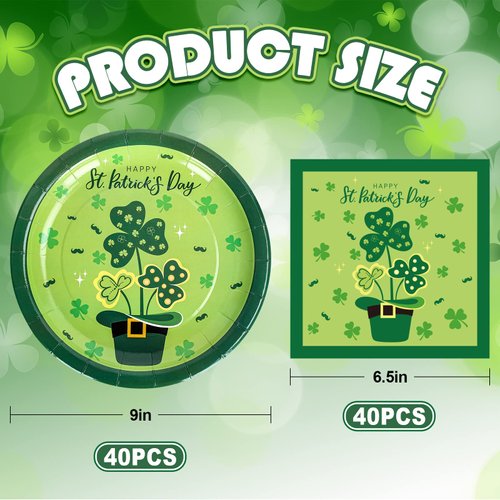 Whaline St. Patrick's Day Paper Dinnerware Set 40 Pack 6.5 x 6.5 Inch Shamrock Hat Lunch Napkins and 40Pcs 9 Inch Lucky Clover Disposable Round Plate for 40 Guests Irish Holiday Dinner Decor Supplies