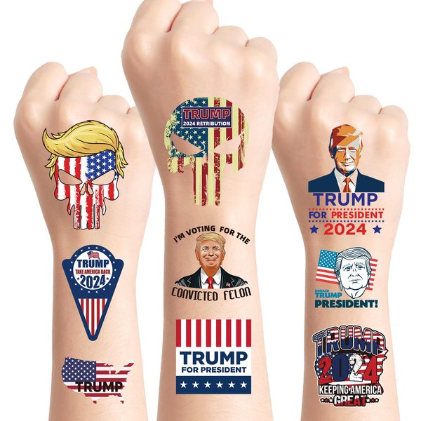 Waterproof Trump Temporary Tattoos Stickers - 6 Sheets Funny Criminal Trump Fake Tattoos for Men's Arms and Shoulders, Trump Keep America Great Temporary Tattoo Stickers for Halloween Party Fun Gifts
