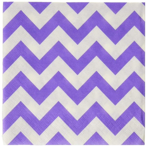 Amscan Disposable, Chevron Beverage Napkins, New Party Supplies, 5" x 5", Purple/White
