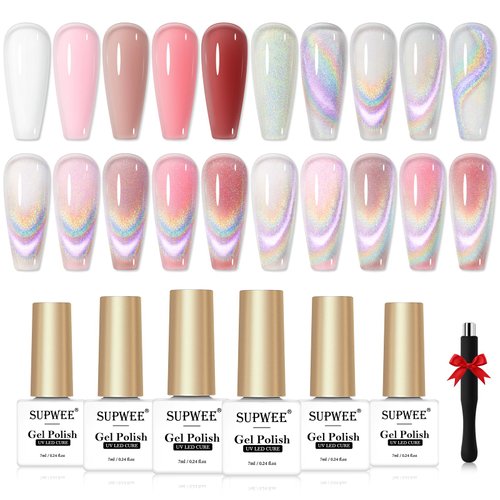 SUPWEE Cat Eye Gel Nail Polish Set with Magnetic, 5 Colors Translucent Nude Pink White Jelly Gel Nail Polish with Universal Rainbow Cat Eye Gel, Glitter Holographic Nail Polish Gel Home DIY Manicure