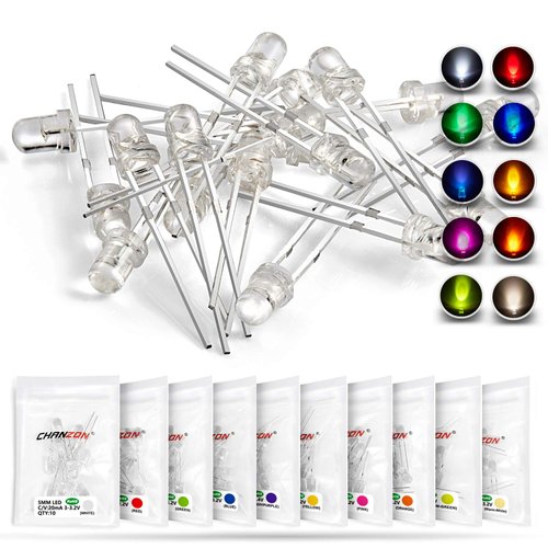 CHANZON 100pcs (10 Colors x 10pcs) 3mm LED Diode Lights Assortment (Clear Transparent Lens) Emitting Lighting Bulb Lamp Assorted Kit Variety Colour Warm White Red Yellow Green Blue Orange UV Pink