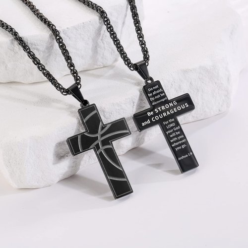 GLITTO Basketball Cross Necklace for Teen Teenage Boys, Stainless Steel Cross Pendant Chain Religious Christian Baptism First Communion Reconciliation Confirmation Jewelry Gifts Graduation for Him Son Men Age Joshua 1:9 (Black)