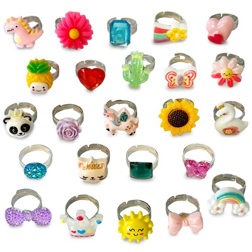 Jewel Rings for Kids, 24 Adjustable Pretend Play Dress Up Rings for Girls, Play Jewelry for Little Girls In Purple Gift Box, Unique and No Duplicates - Great Birthday Gift for Girls Ages 3 4 5 6 7 8
