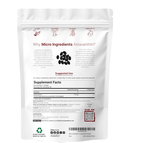 Micro Ingredients Astaxanthin 12mg, 60 Softgels | Premium Astaxanthin Antioxidant Supplements* | Fresh Microalgae Source | Triple Strength, Easy to Swallow, Non-GMO, Soy Free