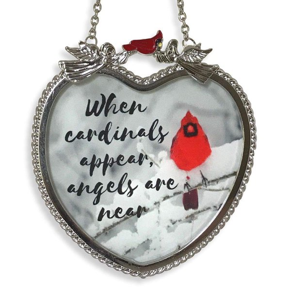 Memorial Cardinal Sun Catcher - When Cardinals Appear Angels are Near Saying - Heart Shaped Glass Sun Catcher with Cardinals and Winter Scene. Measures 4 ¼” H x 4” W.