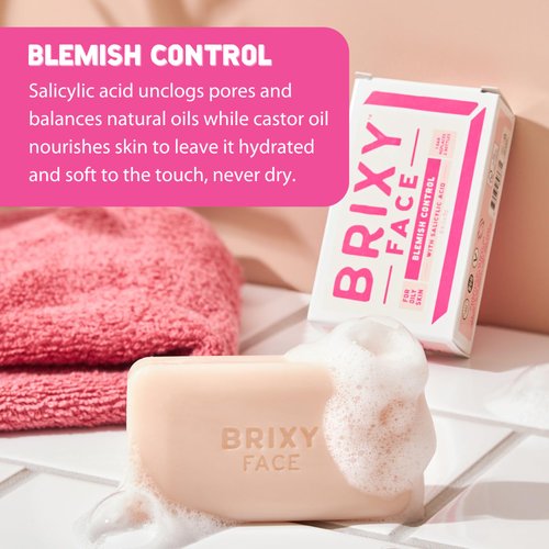 BRIXY Blemish Control Facial Cleansing Bar – Salicylic Acid Unclogs Pores And Balances Natural Oils, Ceramides and Niacinamide Promote Heathy Skin Barrier, pH Balanced, Soap Free, Vegan