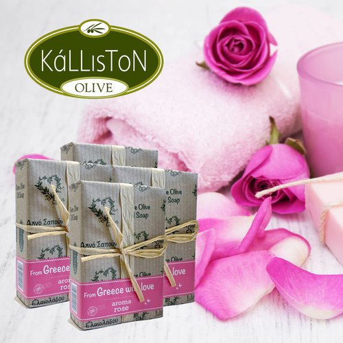 Kalliston, Olive Oil Soaps, Rose Aroma, Bows Gift Set, All Natural Soaps, Made in Ancient Crete, Greece, 3 pack Soap & Holder