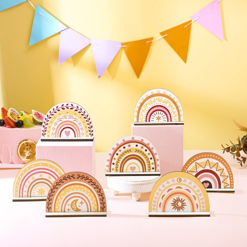 Geelin 12 Pcs Boho Rainbow Wooden Table Centerpieces, Birthday Party Sign Boho Rainbow Party Decorations Rainbow Centerpiece for Tables Baby Shower Boys Girls Birthday Party Supplies Ornament