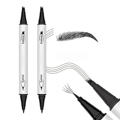 2PCS Waterproof 3D Eyebrow Pen, Dual-Ended Microblading Tattoo Pencil with 4 Fork Tip, Long-Lasting Eyebrow Tint for Natural-Looking Brows (2pcs-05 Black)