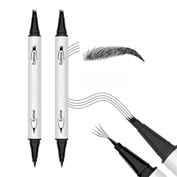 2PCS Waterproof 3D Eyebrow Pen, Dual-Ended Microblading Tattoo Pencil with 4 Fork Tip, Long-Lasting Eyebrow Tint for Natural-Looking Brows (2pcs-05 Black)