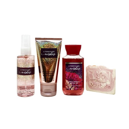 Bath & Body Works A Thousand Wishes 3 Piece Bundle - Fragrance Mist - Body Cream And Shower Gel - With a Himalayan salts Spring Sample Soap - Travel Size
