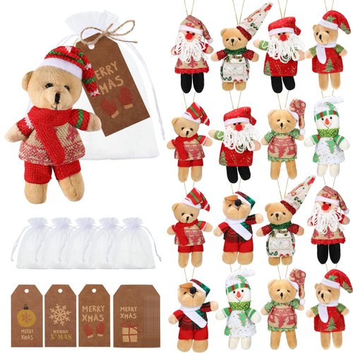 HyDren 48 Pcs Christmas Small Bear Gifts 16 Sets 5.1 Inch Mini Stuffed Plush Bears Doll Xmas Tags with Organza Bags for Christmas Party Favors Xmas Tree Ornaments Decorations Stocking Fillers