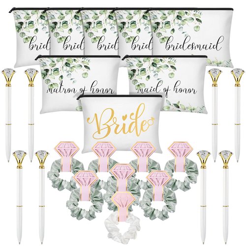 24 Pcs Bridesmaid Gifts Set Include 8 Brides Bridesmaid Canvas Makeup Bags Matron of Honor Bag 8 Hair Scrunchies Satin Hair Band 8 Diamond Pen for Bridal Shower Wedding (Green, White, Leaves)
