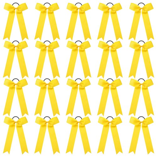CEELGON 20 PCS College Style Cheer Bows Collegiate Long Tail Skinny Cheer Bow Elastic Hair Tie Bows for Teens Girls Softball Competition Sports Cheerleaders (Yellow)