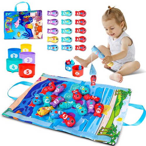 Hyperzoo Montessori Toys for Toddlers 1-3, 22pcs Cloth Pretend Fishing Game for Toddlers with Stacking Cups- Number Counting, Color Sorting, Learning Toys for Toddlers, One Year Old Boys Girls Gift