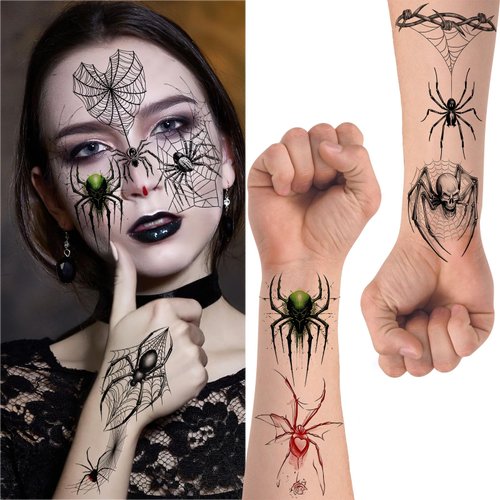 12 Sheets Halloween Spider Web Temporary Tattoos Stickers, 3D Red Green Spider Water and Sweat Resistant Stickers for Halloween Party Favors
