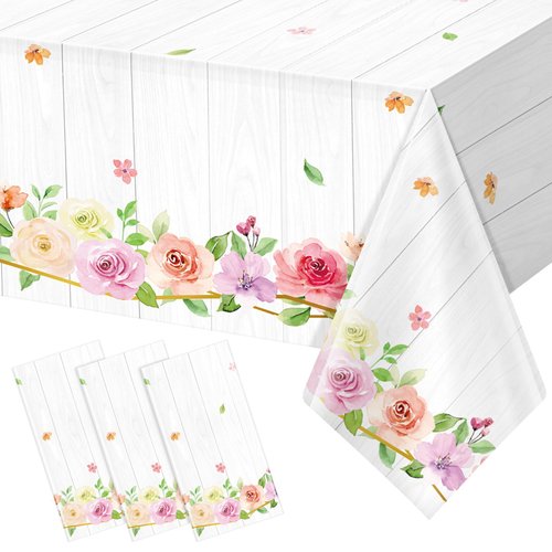 3Pcs Spring Summer Baby Shower Floral Plastic Tablecloths,Disposable Pink Purple Rose Flower Rectangle Table Cover for Spring Picnic Weeding Bridal Shower Birthday Tea Party Decorations,54x108 Inch