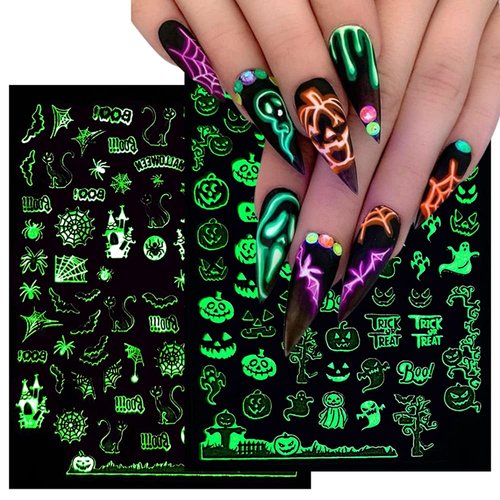 Halloween Nail Art Stickers Glow in The Dark Nail Decals 3D Self-Adhesive Fluorescent Nail Stickers Skull Spider Witch Ghost Pumpkin Bat Snake Nail Design for Women and Girls DIY Acrylic Nail Art 6PCS