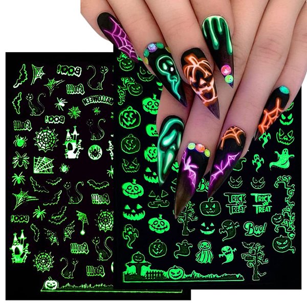 Halloween Nail Art Stickers Glow in The Dark Nail Decals 3D Self-Adhesive Fluorescent Nail Stickers Skull Spider Witch Ghost Pumpkin Bat Snake Nail Design for Women and Girls DIY Acrylic Nail Art 6PCS