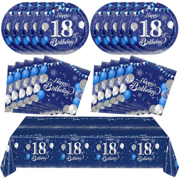 Blue 18th Birthday Decorations for Boys Girls Navy Blue Silver Happy 18th Birthday Napkins Tablecloth Plates for 18th Birthday Anniversary Party Supplies Year Old Party Decorations
