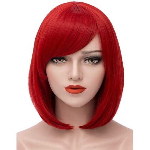 Mersi Red Wigs for Women Short Red Bob Wig with Bangs Natural Cute Synthetic Straight Wigs for Daily Party Halloween S009R
