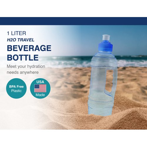 Arrow H2O On The Go Water Bottle, 1 Liter - Clear Plastic Water Bottle with Push Cap - Made in The USA, BPA Free - Built-in Convenient Handle, Leakproof - Ideal for The Gym and Sports Practice