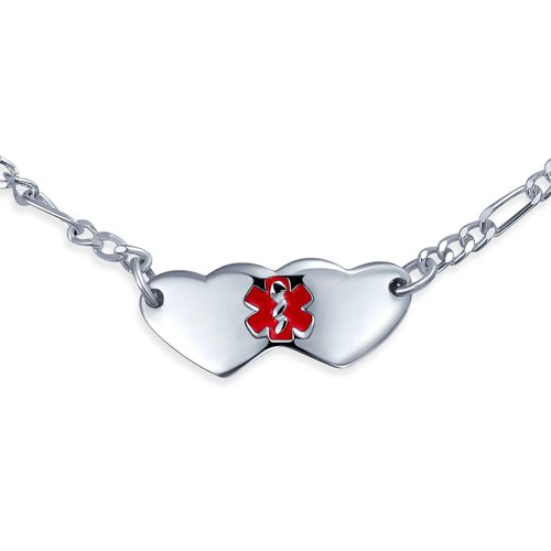 Blank Dainty Connected Double Heart Shape Medical Identification Engravable Medical ID Bracelet For Women Teens .925 Sterling Silver Small Wrist 7 Inch